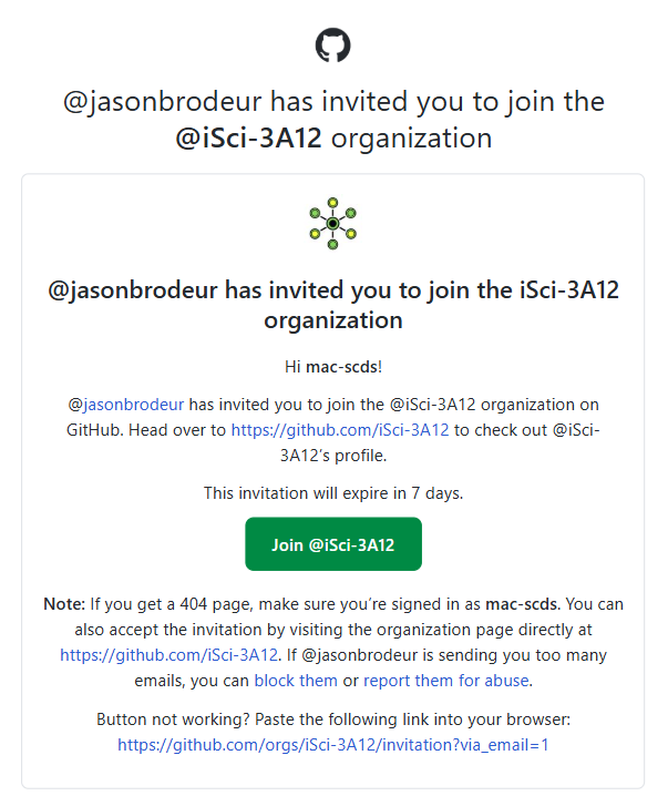 dialog box prompting user to join the iSci-3A12 organization
