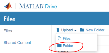 MATLAB Drive folder upload page