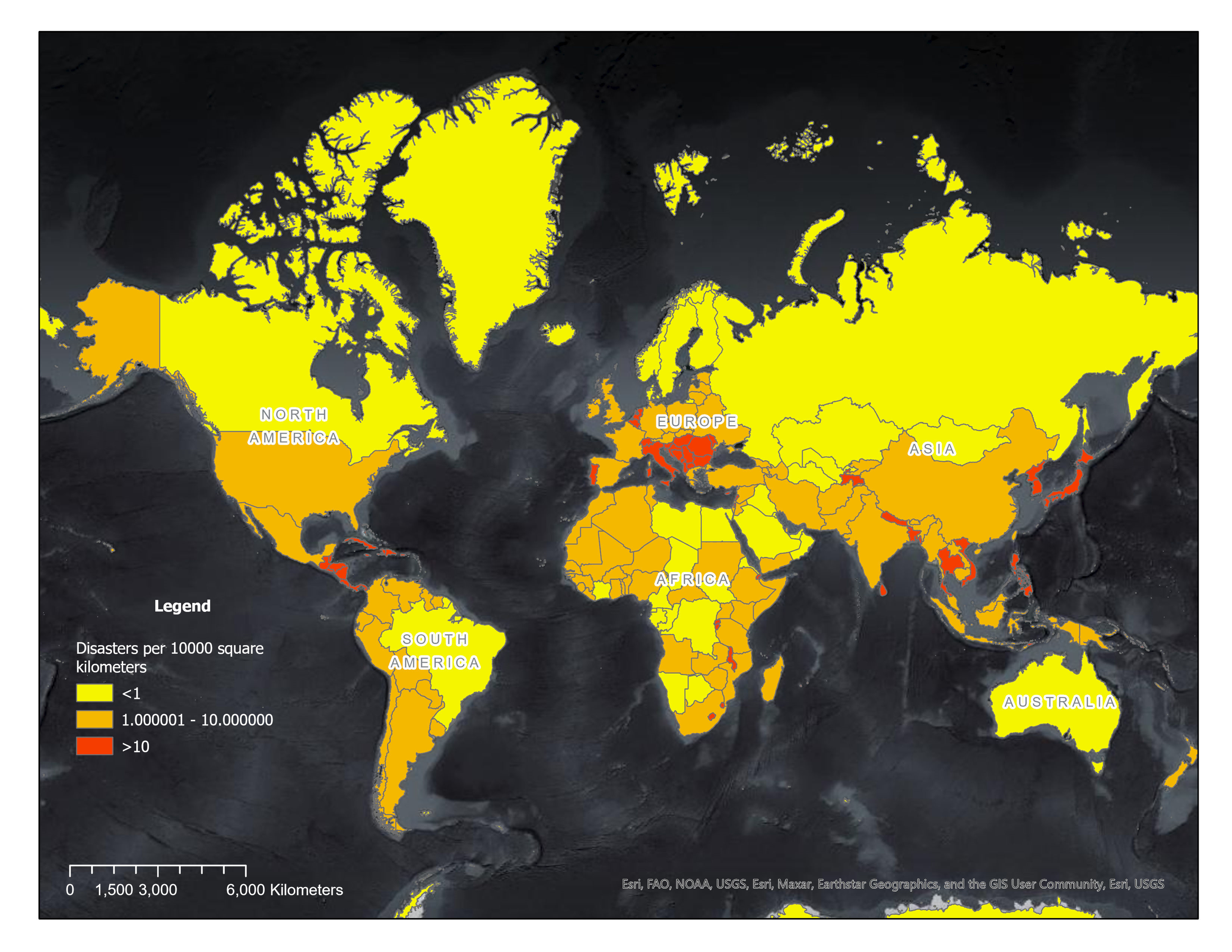 The normalized number of natural disasters in national boundaries.